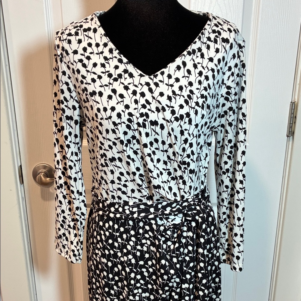 Talbots Black and White Printed Midi Wrap Dress
